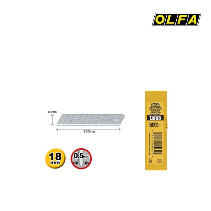 Pack de 50 lames OLFA LB-50 de 18 mm, angle de coupe 45°, emballées individuellement pour découpe professionnelle